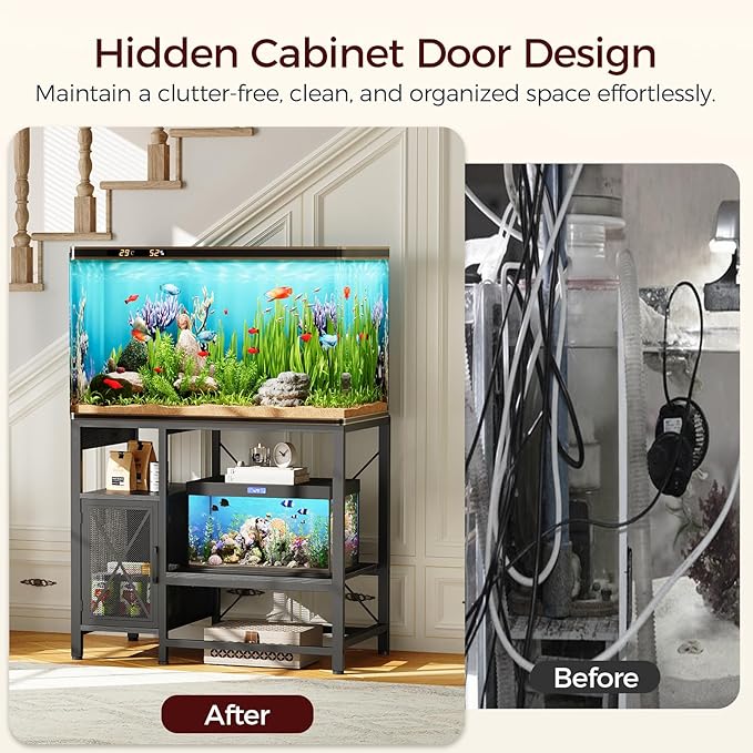 40-50 Gallon Fish Tank Stand, Aquarium Stand with Power Outlet and Storage Cabinet, Heavy Duty Tank Stand Suitable for Turtle Tank, Reptile Terrarium, for Home Office, Black FTBK50E01