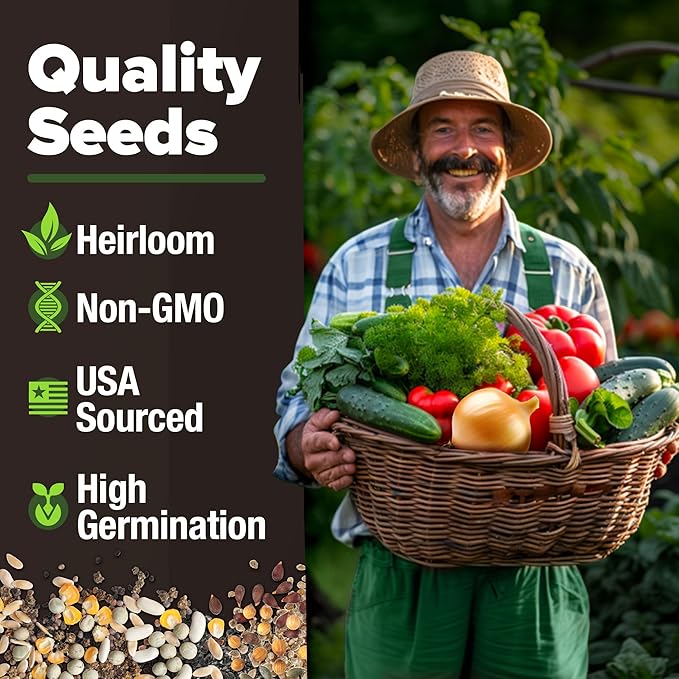 HOME GROWN 𝗨𝗦𝗔 𝗣𝗥𝗘𝗠𝗜𝗨𝗠 25 Heirloom Vegetable Seeds 12,000+ 𝗡𝗢𝗡-𝗚𝗠𝗢 Survival Garden Seeds Kit, High Germination Tomatoes Carrots Beans Kale Peppers, Giftable Indoor Outdoor Planting Set