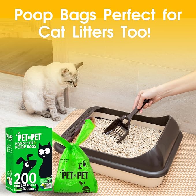 Pet N Pet 200 Counts Unscented Dog Poop Bags Rolls with Tie Handles, 38% Plant Based & 62% PE Poop Bags for Dogs, Extra-Thick Doggie Poo Bag, Pet Waste Bag