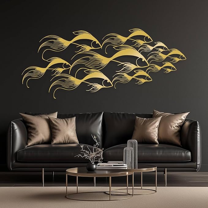 School of Fish Metal Wall Art, Metal Fish Wall Decor, Sea Life Wall Art, Large Nautical Wall Hanging, Modern Beach House Wall Decor, Ocean Themed Artwork for Bathroom (White, 59"x25" | 150x64cm)
