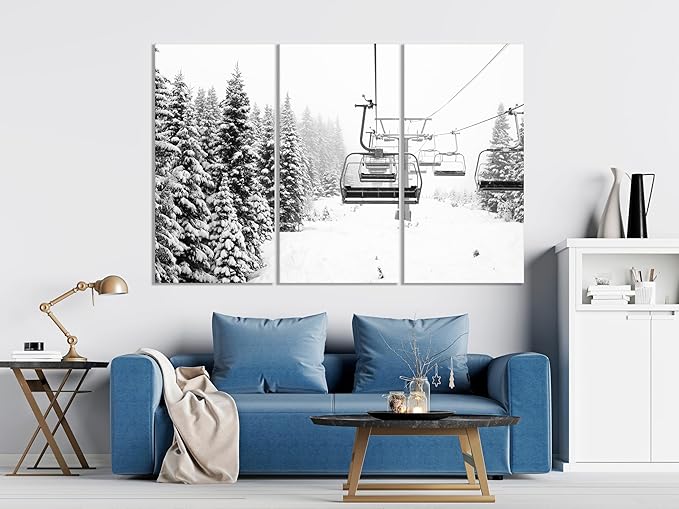 Nature Wall Art Prints - Ocean Forest Mountain Lake Canvas Landscapes - Small to Extra Large Living Room Bedroom Kitchen Bathroom Décor (Ski Lift on Snowy Mountain, 47L" x 71W" - 3 panels)