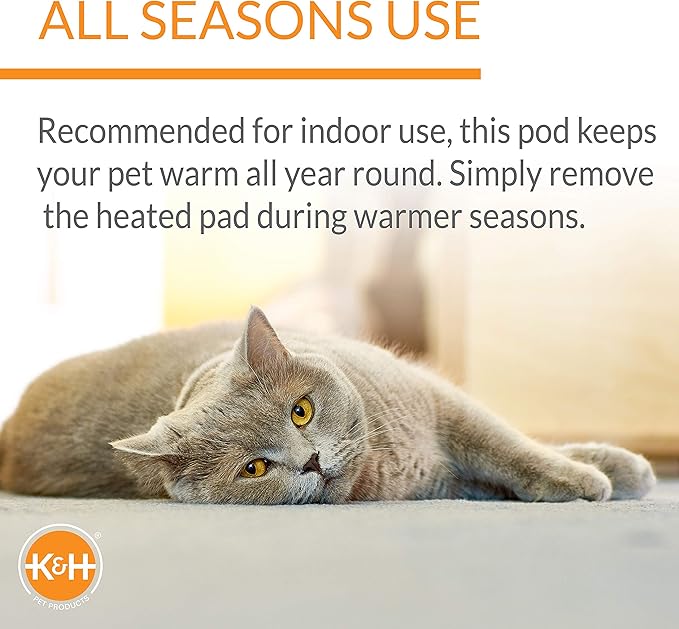 K&H Pet Products Heated Cat Bed for Large Cats, Thermo-Kitty Mod Dream Pod Heated Cat Cave Tent House Bed for Indoor, Warming, Washable Cushion, Waterproof Heater, Safety Listed - 22in Round Green