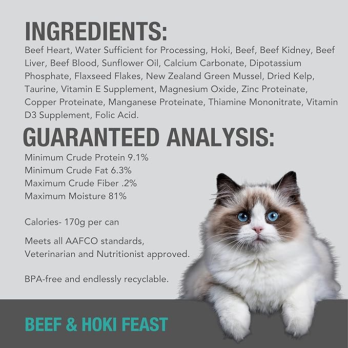 Feline Natural New Zealand Canned Catfood Wet Food, High-Meat, Low-Carb, & Grain Free Cat Food Wet, Beef & Hoki Feast, 6 oz, Pack of 12