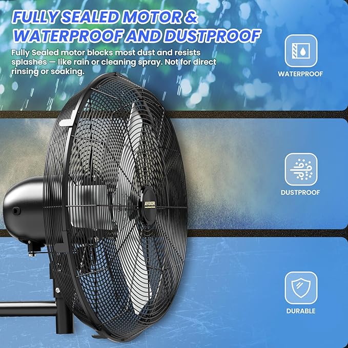 24'' Outdoor Wall Mount Fan, 4 Speed Oscillating Wall Fan with All Sealed Brushless DC Motor, Heavy Duty Industrial Fans, Waterproof Fans for Patios, House, Garage, Commercial, Warehouse, Factory