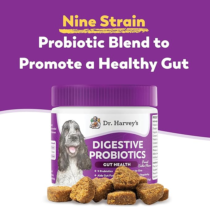 Dr. Harvey's Digestive Probiotic Soft Chews for Dogs, 7 Probiotics for Gut Health, Diarrhea and Bowel Support, Peanut Butter Flavor (90 Chews)