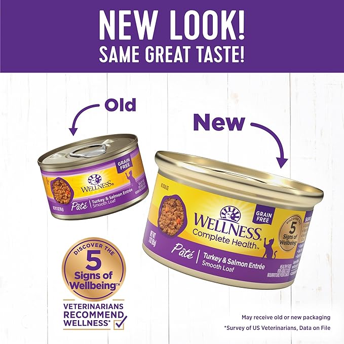 Wellness Complete Health Pate Adult Wet Cat Food, Natural, Protein-Rich, Grain Free, 3 Ounce, 24 Pack, (Turkey & Salmon)