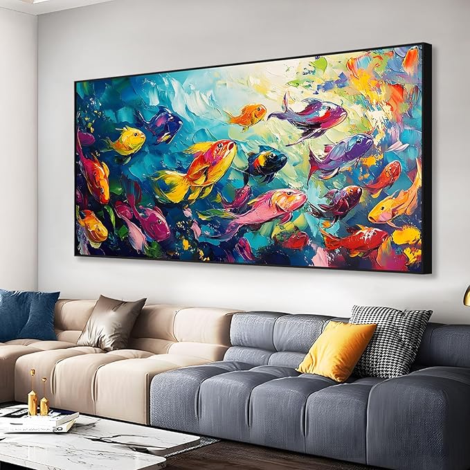 School of Fish Printed Canvas Wall Art – Framed Abstract Ocean Print – Vibrant Fish Wall Decor for Living Room, Bedroom, Office (Black Framed, 55"x27"|140x70cm)
