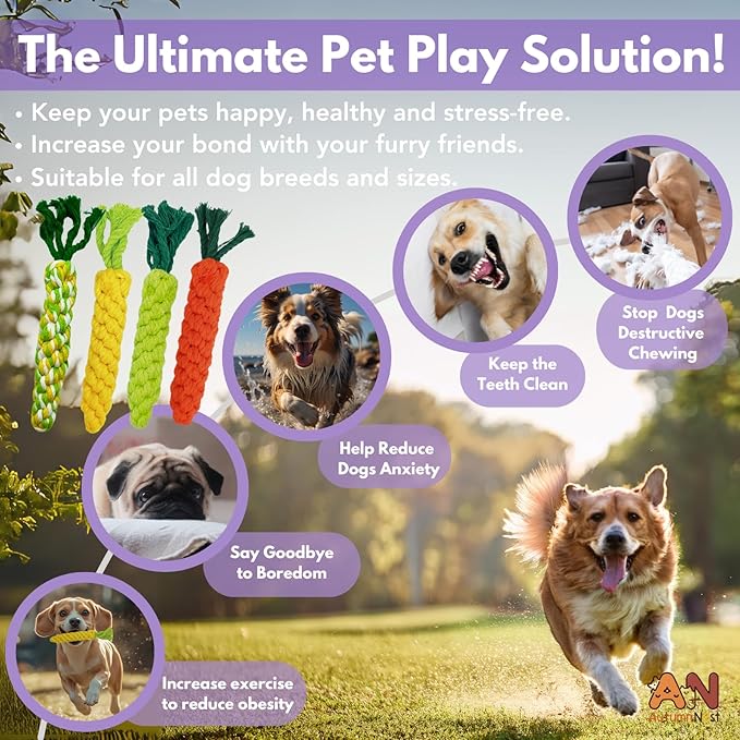 4PCS Mixed Color Woven Pet Chew Set (Yellow, Green, Orange, Rainbow), Dog Chew Toys, Cat Teething Toys, Durable & Safe Interactive Pet Toys