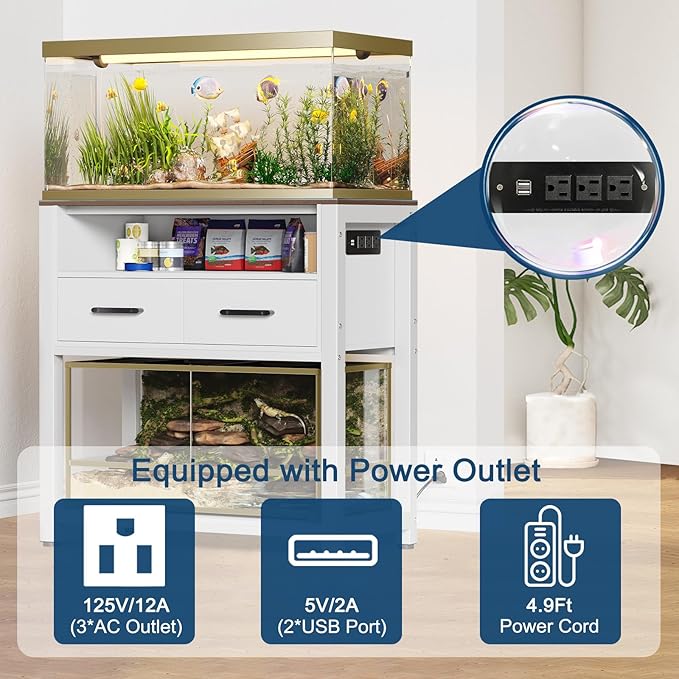 20-29 Gallon Fish Tank Stand with Power Outlet & 2 Storage Drawers, Heavy Duty Metal Frame Aquarium Stand with Waterproof Mat, 30.7" L*15.7" W Tabletop, 550LBS Capacity, White+Brown