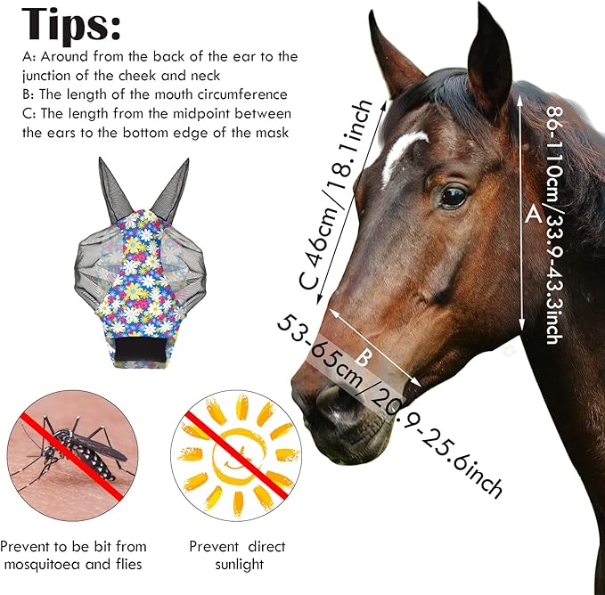 Chunful 6 Pcs Horse Fly Masks for Horses with Ears Smooth and Comfortable Fly Masks Cashel Fly Mask Elasticity Horse Face Mask Horse Masks Covering for Horses Riding Supplies(Large, Floral)