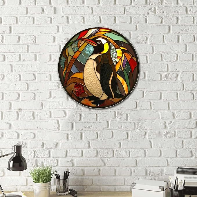Lygond Metal Penguin Sign - Circular Stained Glass Design, 88 Inches