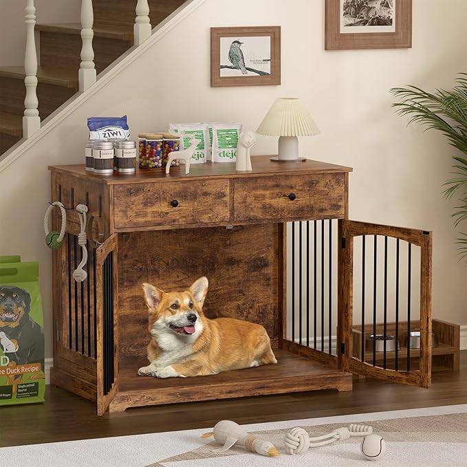 40 Inch Furniture-Style Dog Crate-Multipurpose Wood Pet Crate Furniture with Double Doors,2 Drawers, Decorative Dog House Indoor for Smal/Medium Dogs, Brown Finish