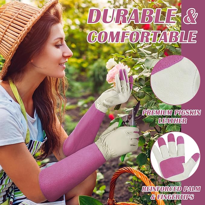 HANDLANDY Rose Pruning Gardening Gloves for Men & Women, Thornproof Long Gauntlet Gloves, Pigskin Leather - Breathable & Durability (Medium)