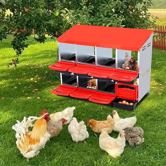 Nesting Boxes for Chickens, Chickens Laying Boxes for Chicken Coop, 8 Compartments Chicken Nesting Boxes, with Removable Tray, Easy Cleaning, for Hens Outdoor Chicken Coop Farm Yard, Red
