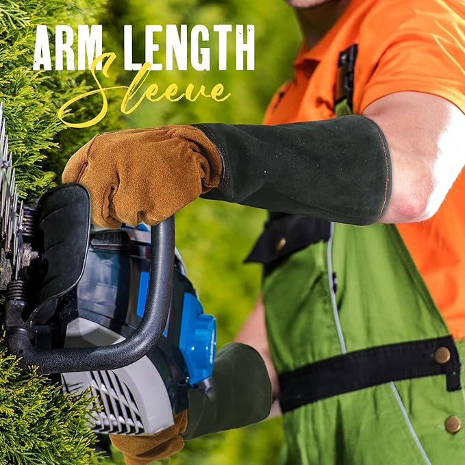 HANDLANDY Leather Gardening Gloves for Men & Women, Rose Pruning Thorn Proof Garden Glove, Long Sleeve Gauntlet Gloves (Black-brown, Medium (Pack of 1))