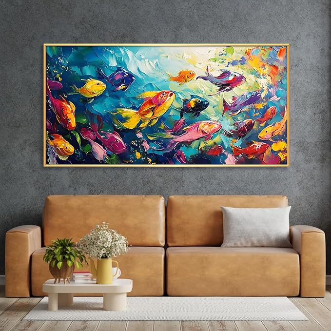 School of Fish Printed Canvas Wall Art – Framed Abstract Ocean Print – Vibrant Fish Wall Decor for Living Room, Bedroom, Office (Black Framed, 39"x19"|100x50cm)
