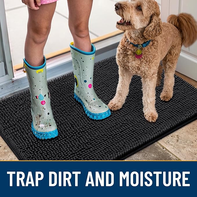 Smiry Dog Door Mat for Muddy Paws 30x20, Absorbs Moisture and Dirt Doormat, Non-Slip Washable Quick Dry Chenille Front Door Mat Indoor Entrance, Entryway Carpet for Inside Floor, Black