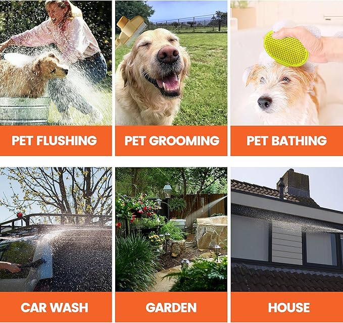 Dog Washing Hose Attachment, 10-in-1 Soap Sprayer Moden Garden Hose Nozzle with 100cc Soap Dispenser, Dog Wash Supplies with Dog Bath Brush & Pet Comb, Foam Gun Car Wash Sprayer (Orange)