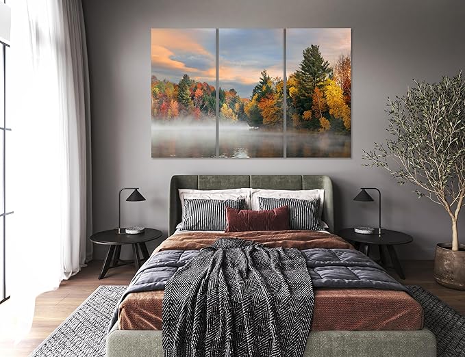 Nature Wall Art Prints - Ocean Forest Mountain Lake Canvas Landscapes - Small to Extra Large Living Room Bedroom Kitchen Bathroom Décor (Misty Fall Reflection, 47L" x 71W" - 3 panels)