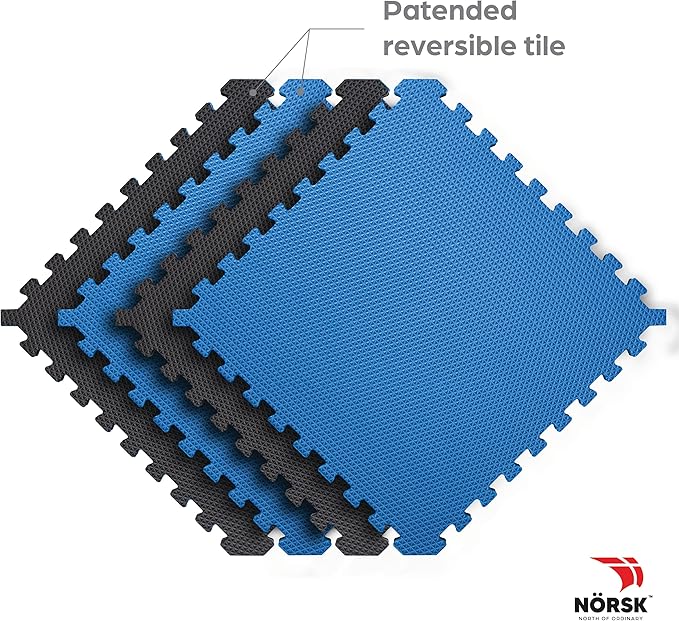 Norsk Reversible Gym Exercise Mats 3/4" Thick EVA Interlocking Foam Tiles, Perfect Home Gym Flooring, 32 Tiles & 64 Trim Pieces, 128 Sq. Ft. Reversible, Dazzling Blue/Black