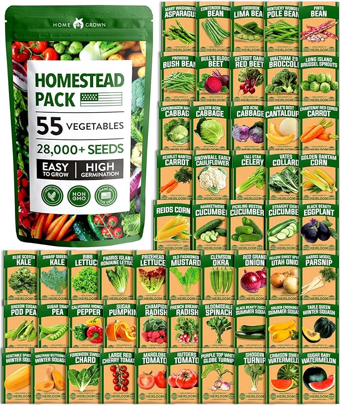 HOME GROWN 𝗨𝗦𝗔 𝗣𝗥𝗘𝗠𝗜𝗨𝗠 55 Vegetable Seeds Pack 28,000+ Non-GMO Heirloom Seeds for Planting, Spring Fall Winter Garden Kit, Survival Seed Vault for Preppers & Gardeners, Gift for Men & Women