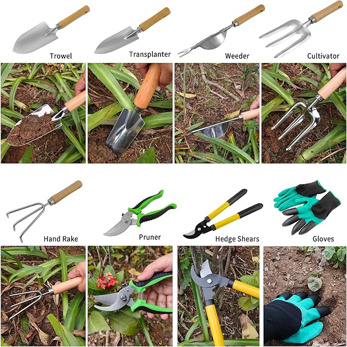 41-Piece Premium Gardening Tool Set, Stainless Steel Heavy Duty Gardening Tool Kit, with Non-Slip Rubber Grip, Storage Tote Bag, Outdoor Hand Tools, Ideal Gardening Gifts for All (Green)