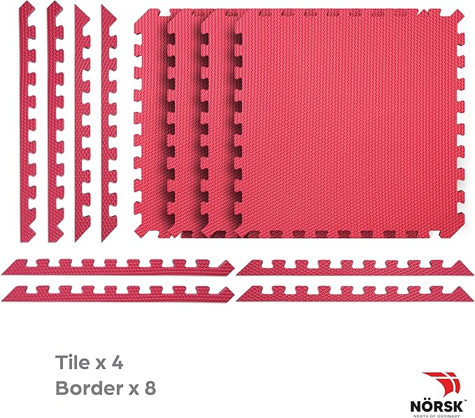 Norsk Reversible Gym Exercise Mats 3/4" Thick EVA Interlocking Foam Tiles, Perfect Gym Flooring for Home Gym, 12 24"x24" Tiles & 24 Trim Pieces, 48 Sq. Ft. Reversible, Red/Black