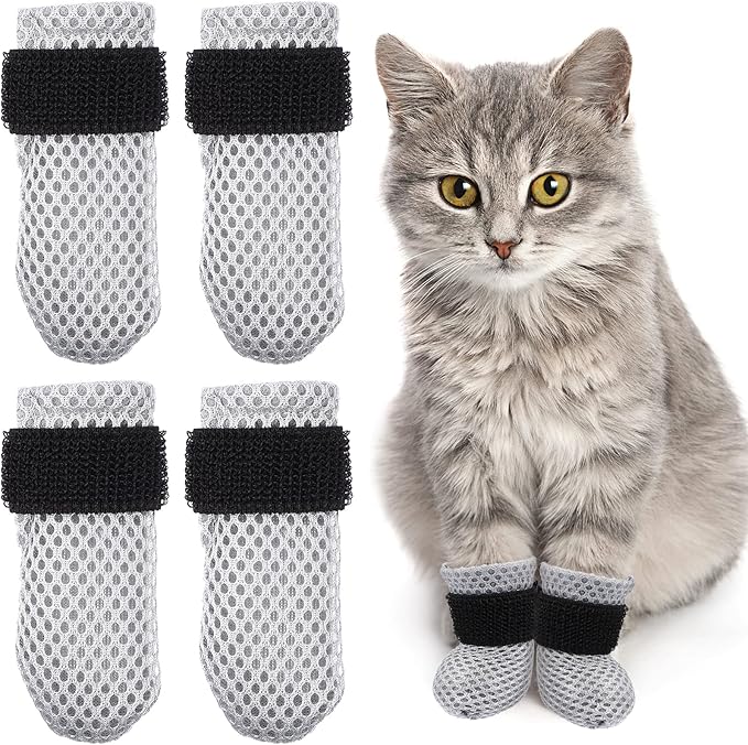 4Pcs Cat Nail Caps, Cats Booties Mittens Paw Covers Caps Shoes for Bathing Shaving Checking Nail Cutting, Pet Grooming Socks AntiScratch Adjustable Pet Claw Protector Foot Sleeves, Grey M