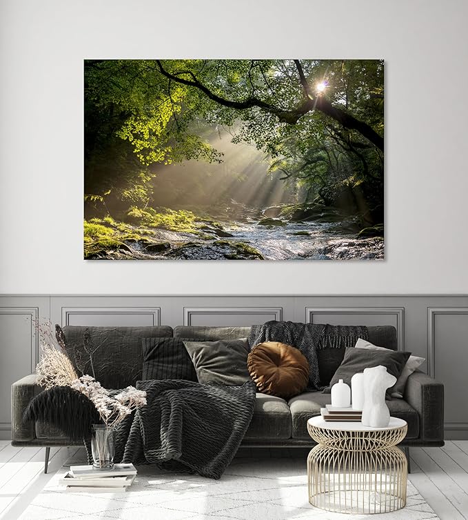 Nature Wall Art Prints - Ocean Forest Mountain Lake Canvas Landscapes - Small to Extra Large Living Room Bedroom Kitchen Bathroom Décor (Rocky River in the Woods, 28L" x 41W")