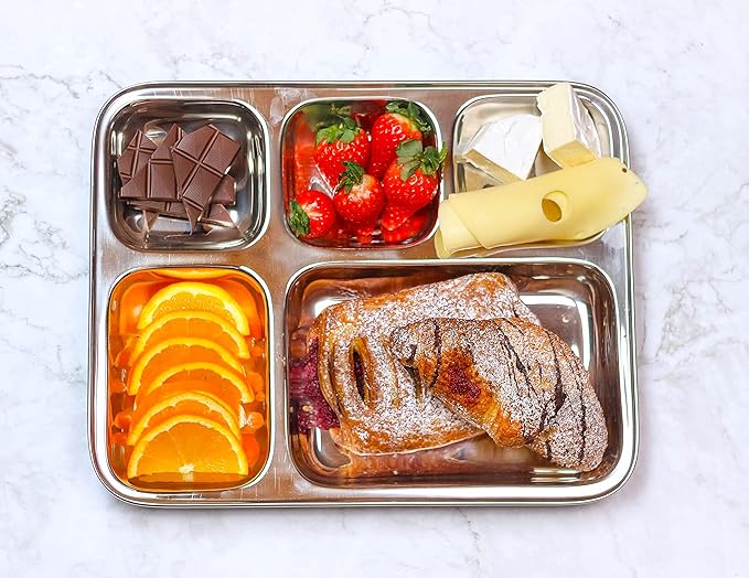 Extra Large Premium Stainless Steel Dinner Plates, 5 Compartments, Set of 2 | Eco Friendly Dinnerwear for Camping, Portion Control, Meal Prep, Lunch, and Party