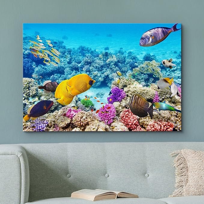wall26 Canvas Print Wall Art Vibrant Teal Underwater Fish Coral Reef Nature Animals Photography Realism Rustic Scenic Landscape Wilderness Earth Colorful for Living Room, Bedroom, Office - 16"x24"