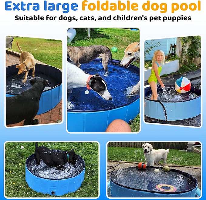 48" x 12" Foldable Dog Pool - Collapsible Hard Plastic Kiddie Pool for Dogs & Kids, Non-Slip Pet Bath Tub for Outdoor Backyard Use, Lightweight & Portable (Blue)