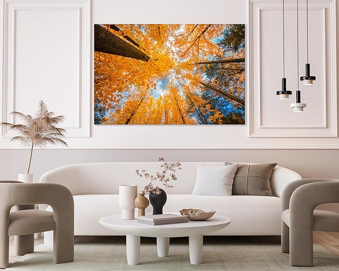 Nature Wall Art Prints - Ocean Forest Mountain Lake Canvas Landscapes - Small to Extra Large Living Room Bedroom Kitchen Bathroom Décor (Blue Sky Through Yellow Autumn Trees, 24L" x 36W")