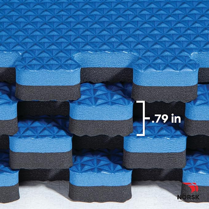 Norsk Reversible Gym Exercise Mats 3/4" Thick EVA Interlocking Foam Tiles, Perfect Home Gym Flooring, 32 Tiles & 64 Trim Pieces, 128 Sq. Ft. Reversible, Dazzling Blue/Black