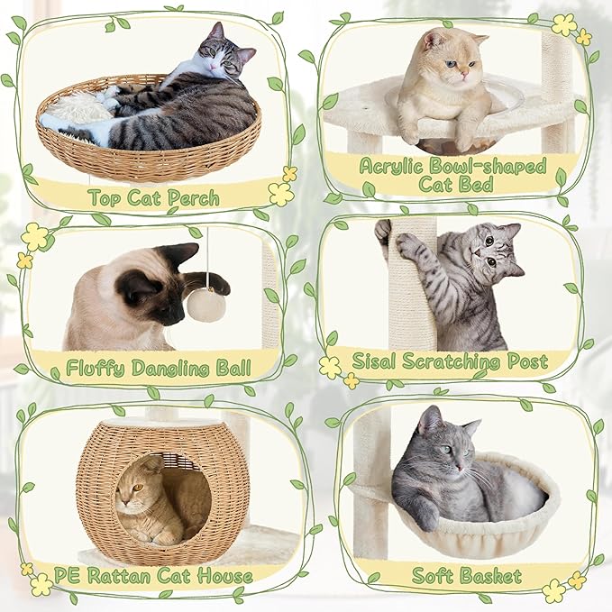 Yaheetech 54in Rattan Cat Tree, Modern Tower with Breathable Woven Condo, Scratching Posts & Washable Cushions, Naturally Cool in Summer, Cute Furniture for Indoor Cats