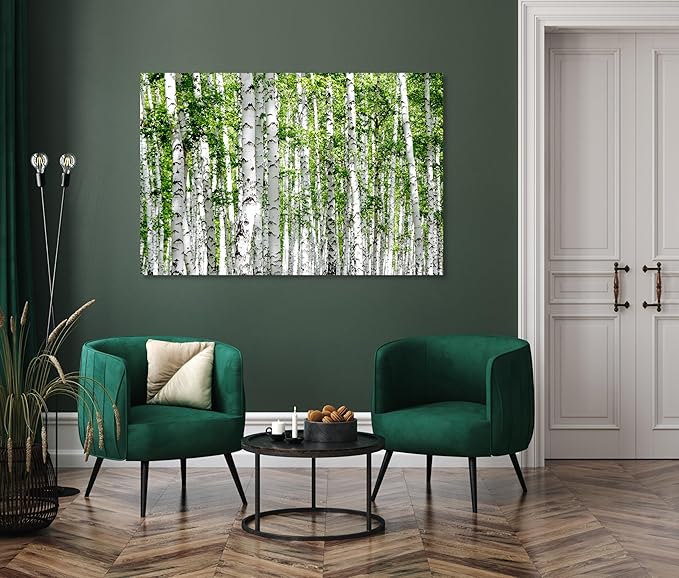 Nature Wall Art Prints - Ocean Forest Mountain Lake Canvas Landscapes - Small to Extra Large Living Room Bedroom Kitchen Bathroom Décor (Green Brich Trees, 24L" x 36W")