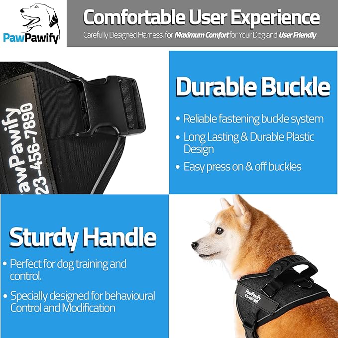 PawPawify Custom No Pull Dog Harness with Name and Phone Number, Heavy Duty Personalized Pet Vest to Prevent Tugging, Pulling, or Choking, Training and Walking (New Black, XL (60-85 LBS))
