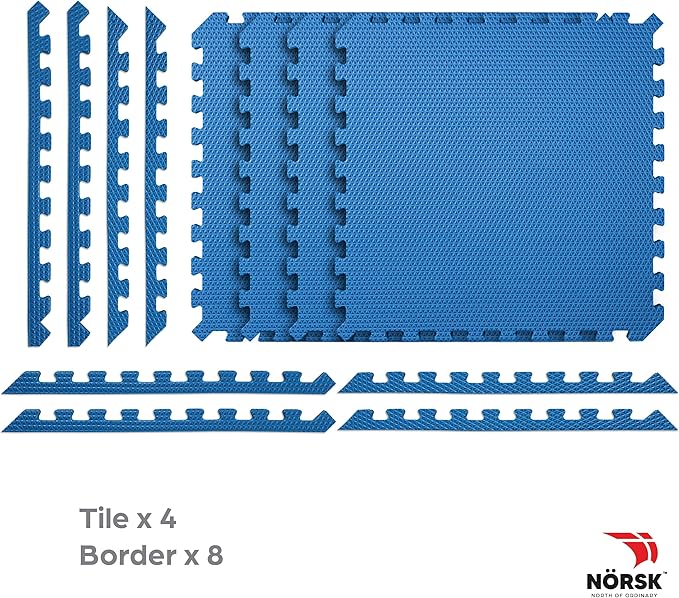 Norsk Reversible Exercise Mats 3/4" Thick EVA Interlocking Foam Tiles - Perfect for Home Gym Flooring, 28 Tiles & 56 Trim Pieces, 112 Sq. Ft. Reversible, Dazzling Blue/Black