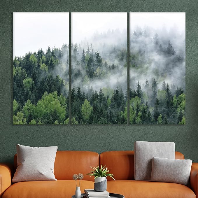 Nature Wall Art Prints - Ocean Forest Mountain Lake Canvas Landscapes - Small to Extra Large Living Room Bedroom Kitchen Bathroom Décor (Pine Trees in Fog, 39L" x 59W" - 3 Panels)