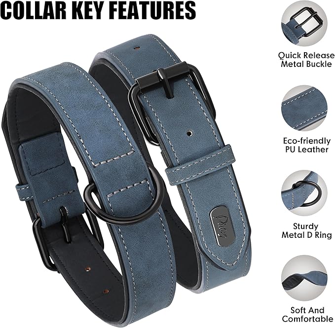 Didog Soft Padded PU Leather Dog Collar, Breathable and Adjustable Dog Collar for Large Dogs, Comfortable for Daily Walk, Blue, XL Fit Neck 17-21"(44-71 lbs)
