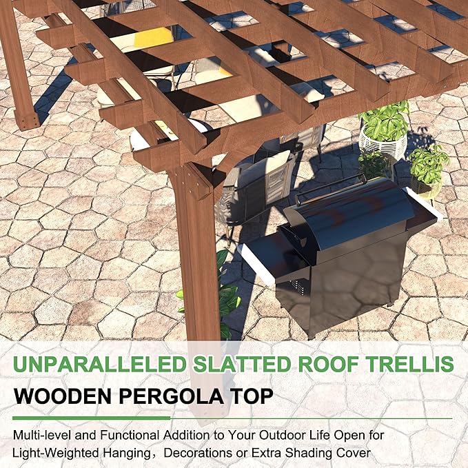 MUPATER 12×12 FT Outdoor Pergola with Roof, Wooden Pergola Kit with Stakes, Wood Garden Shelter Structure for Climbing Plant, Snow and Wind Supported, Shade for Patio, Backyard, Deck