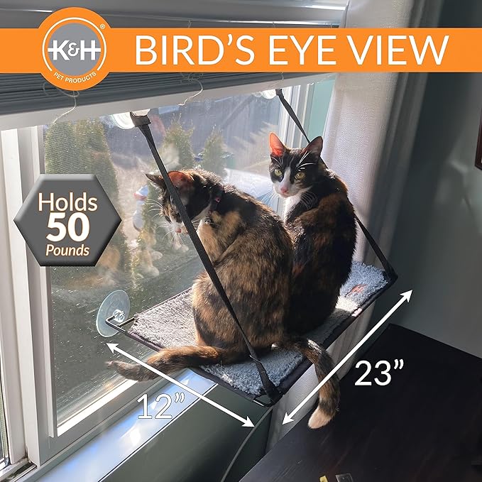 K&H Pet Products EZ Mount Cat Window Perch for Large Cats, Sturdy Kitty Sill Window Hammock Bed, Steel Frame, Sturdy Suction Cups, Washable Shelf Cover, Foldable - Fits 27"W X 23"H Glass Spaces