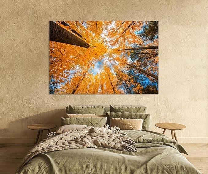 Nature Wall Art Prints - Ocean Forest Mountain Lake Canvas Landscapes - Small to Extra Large Living Room Bedroom Kitchen Bathroom Décor (Blue Sky Through Yellow Autumn Trees, 16L" x 24W")