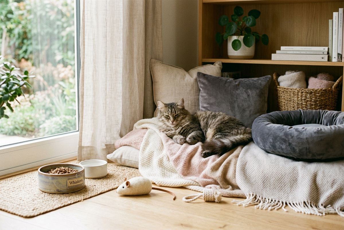 Cream-colored cat curled in an ivory bed beside a knitted blanket