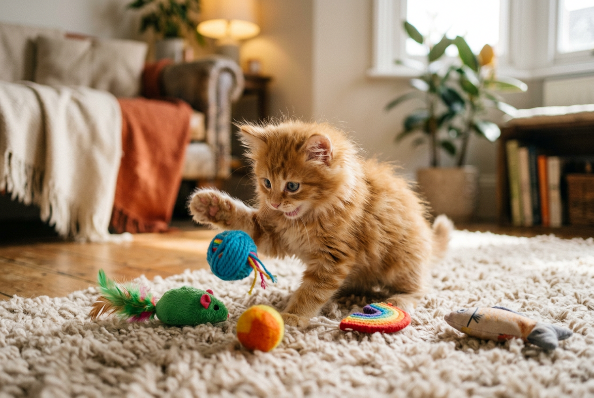 Ginger kitten playing with toys on a soft beige rug